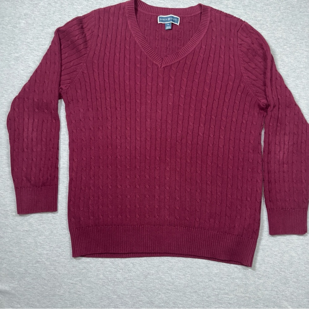 Cable Knit V-Neck Sweater Women Burgundy Red Size XL Cotton Blend Casual Work